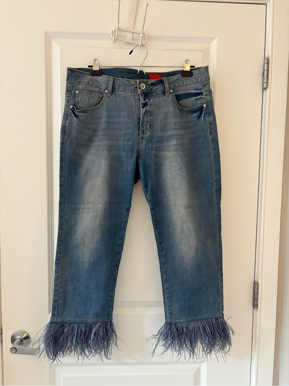 Christina Raw Hem Feather-Trim Straight Jeans in Blue